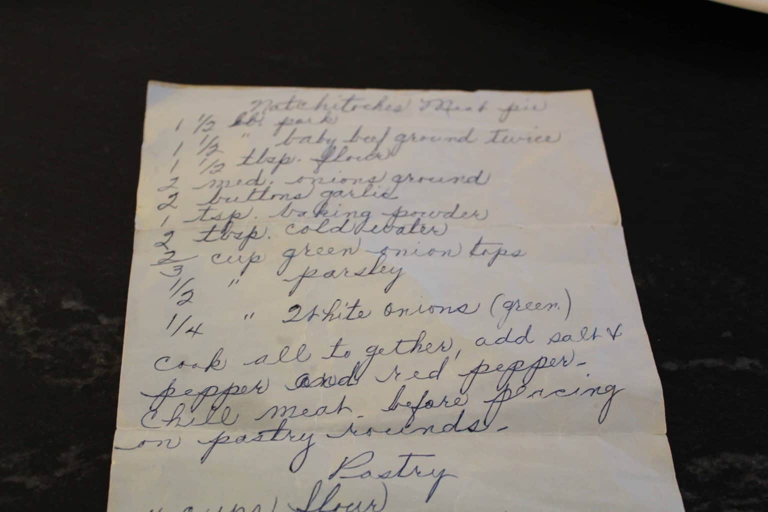 Original Meat Pie Recipe handwritten.