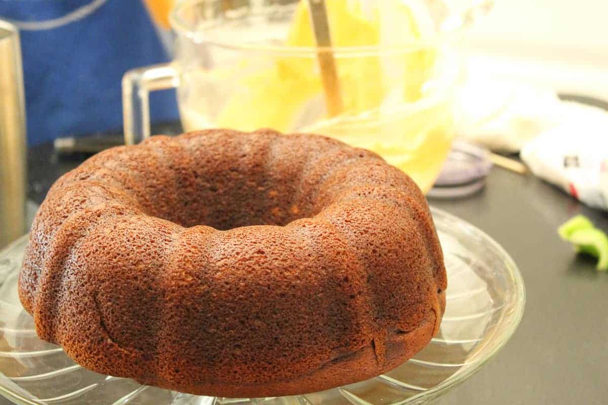 Pumpkin Bundt Cake on a cake plate.