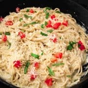 Pasta Carbonara with ricotta cheese in skillet
