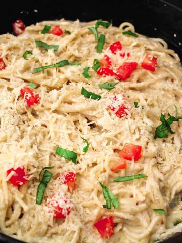 Pasta Carbonara with ricotta cheese in skillet