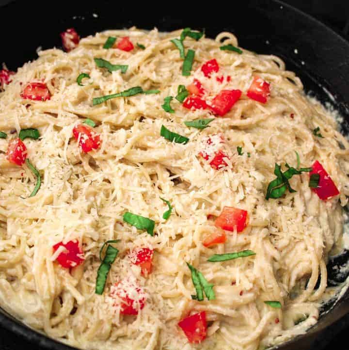 Pasta Carbonara with ricotta cheese in skillet