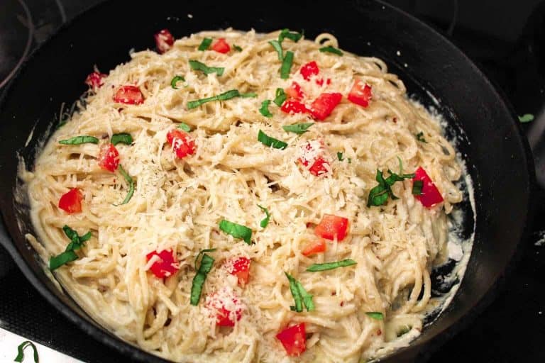Pasta Carbonara with ricotta cheese in skillet