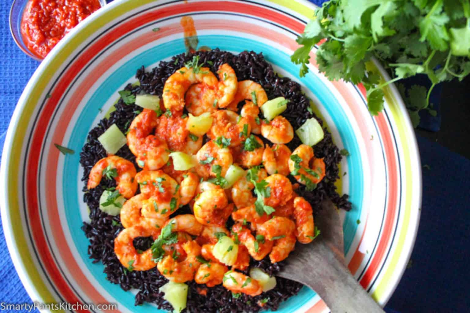 Harissa shrimp with black rice