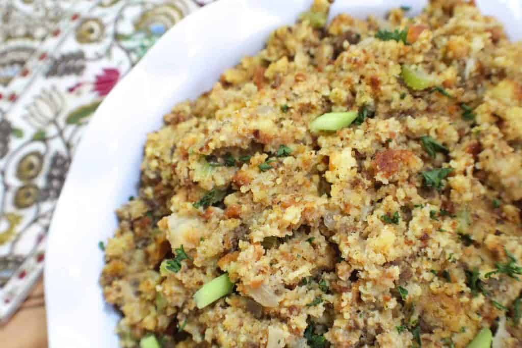 Southern Cornbread Dressing Close up of Southern Cornbread Dressing in a round white bowl
