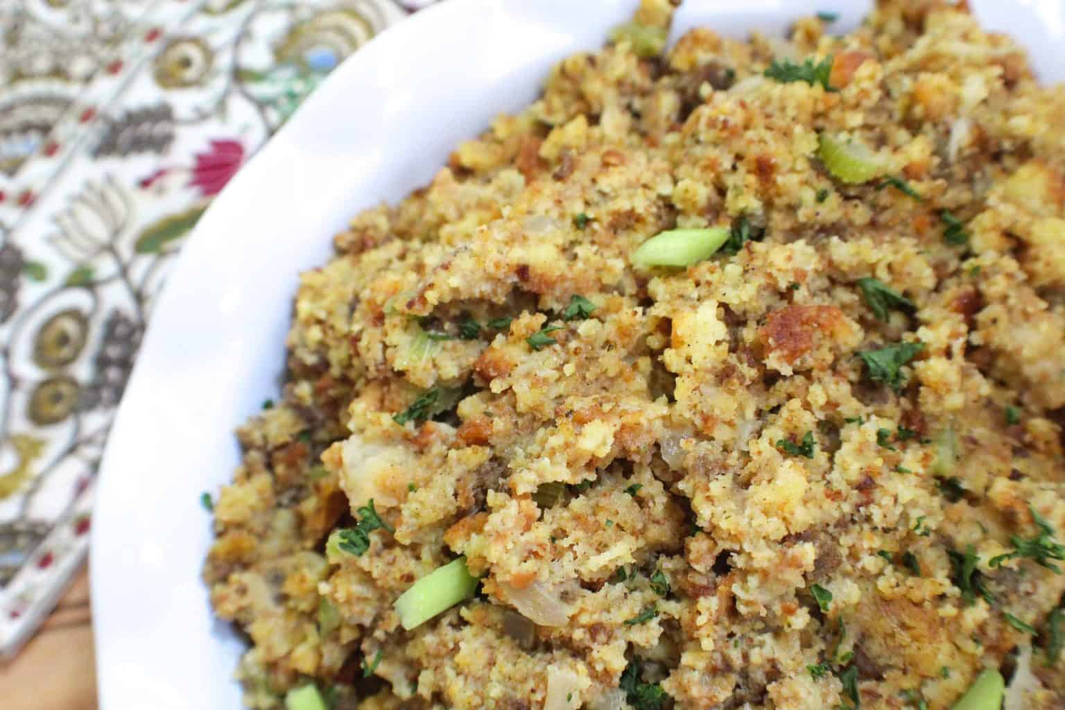 Southern Cornbread Dressing Close up of Southern Cornbread Dressing in a round white bowl