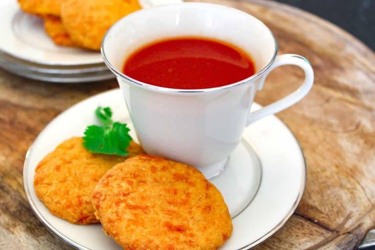 Tomato drink in china cup on saucer.