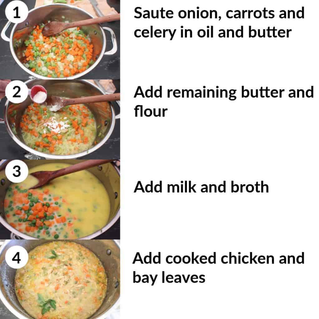 4 step by step images representing how to make chicken pot pie soup