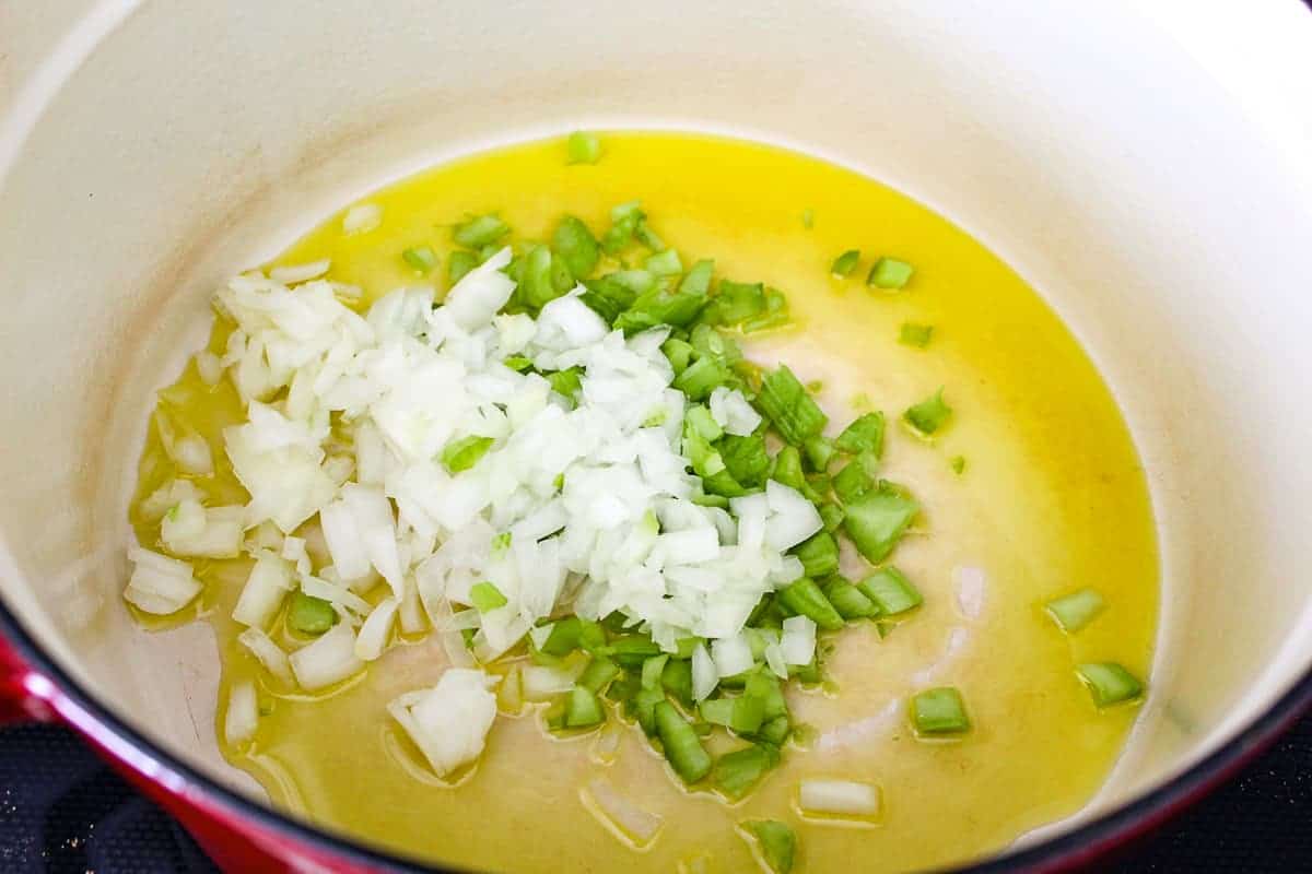 Onion, celery, garlic and oil in stockpot.