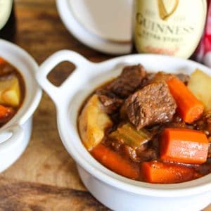 Beef stew in white bowl.