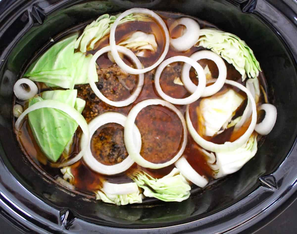 Corned Beef and Cabbage in Slow Cooker with beef broth and onions