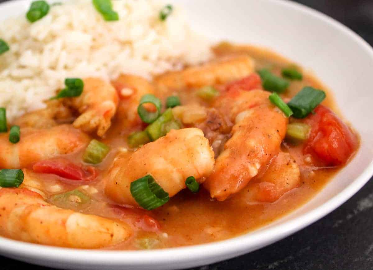 Shrimp Etouffee with rice in white bowl