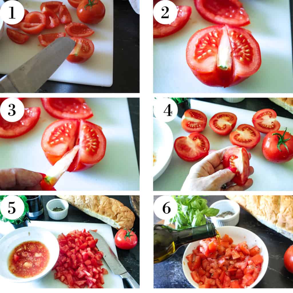 Numbered steps for preparing tomatoes 1-6