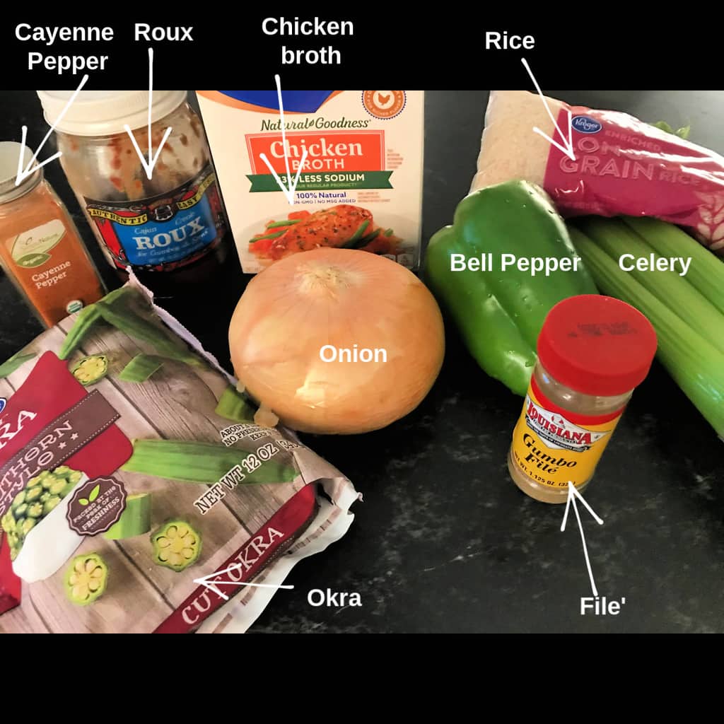 Ingredients for Chicken Gumbo labeled on counter.