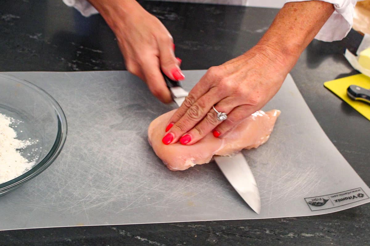 Slice chicken breast in half lengthwise