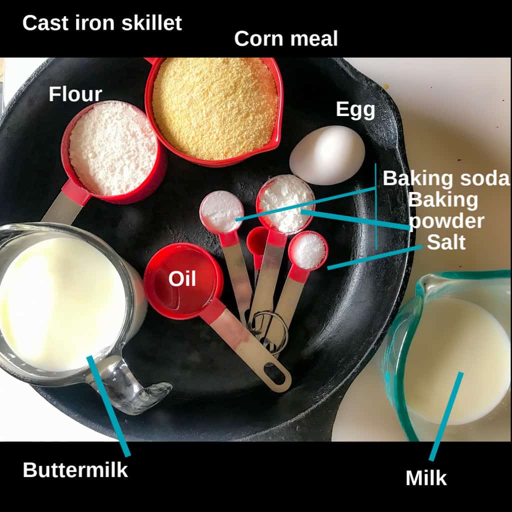 Ingredients in cast iron skillet labeled.
