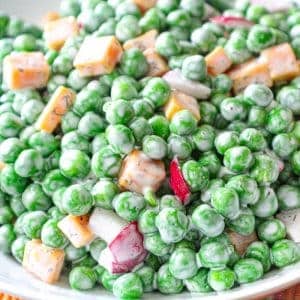 English Pea Salad in white bowl