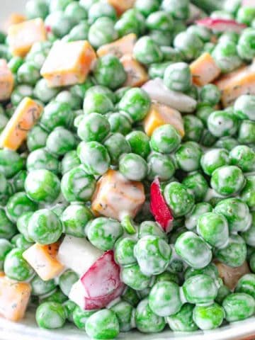 English Pea Salad in white bowl