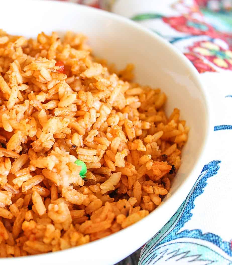 Mexican rice in white bowl.