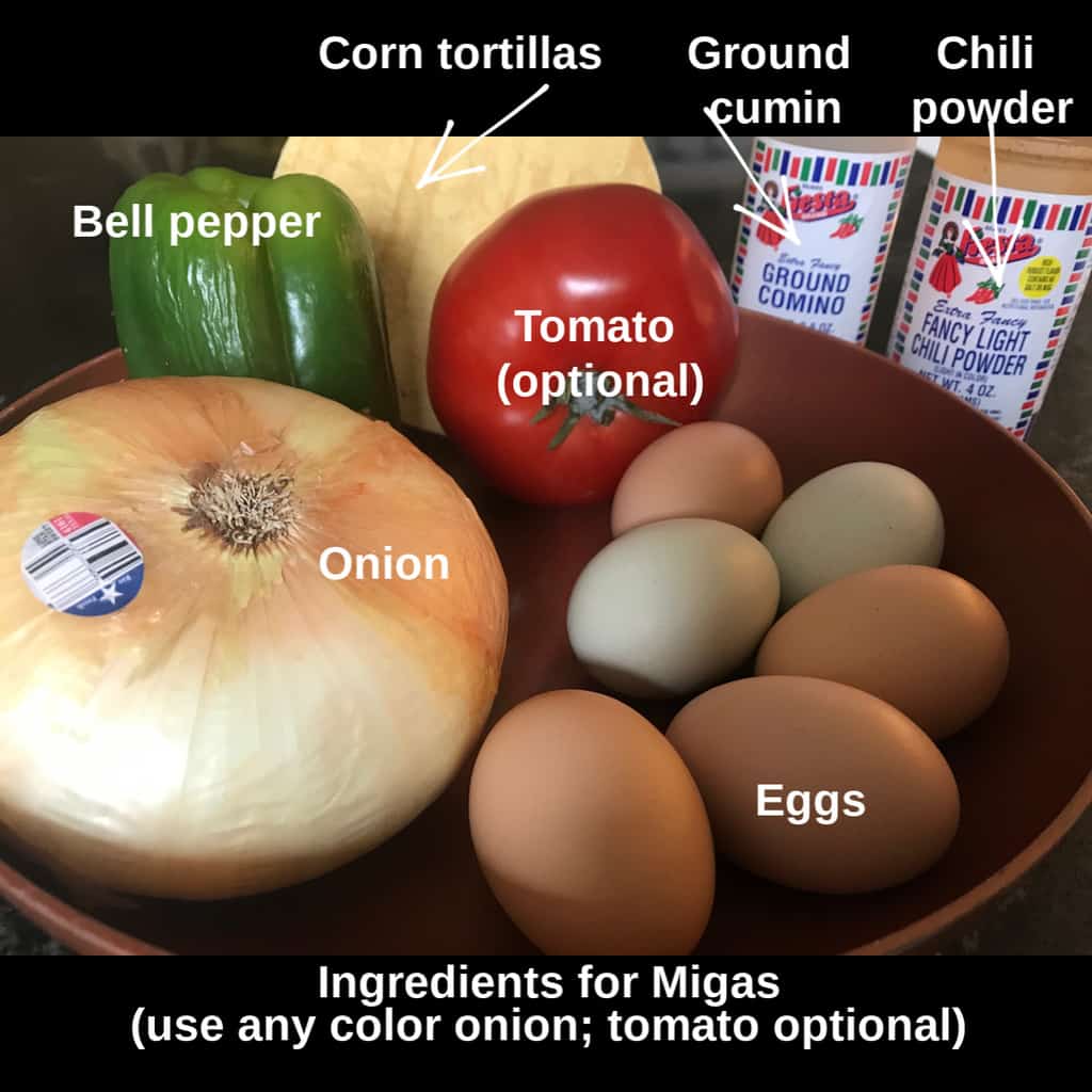  Ingredients for Tex Mex migas: onion, egg, bell pepper tortillas, seasonings.