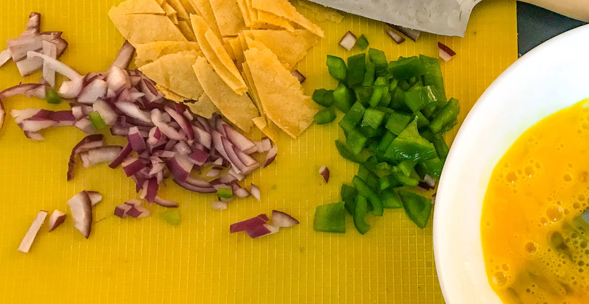 Onion, bell pepper and tortilla chopped.