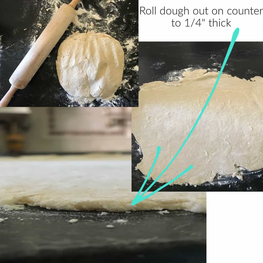 Pastry rolled out onto counter showing thickness.