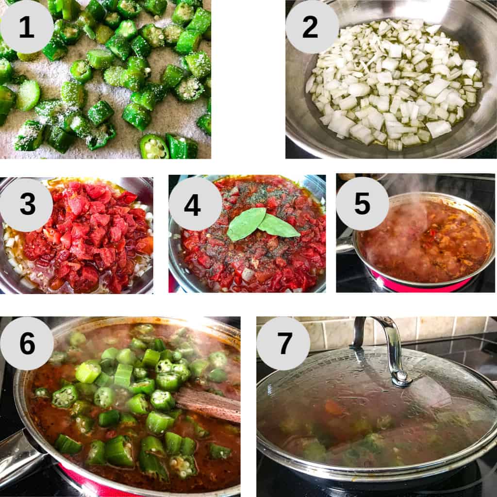 7 steps for preparing okra and tomatoes.