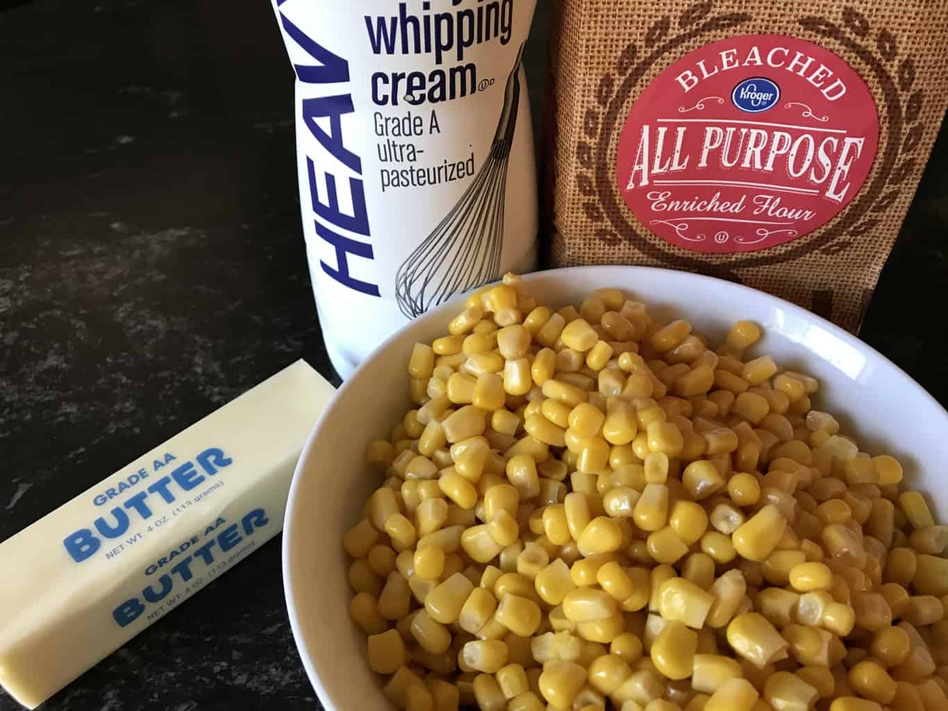 Ingredients for cream style corn on a counter top