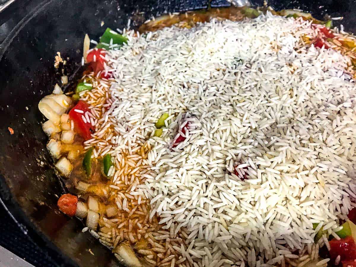 Basmati rice and veggies in skillet