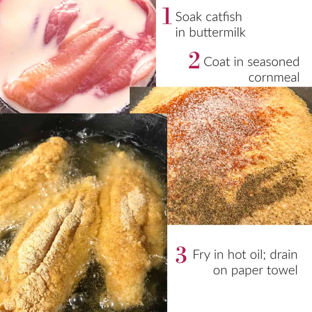 Numbered three step fried fish preparation.