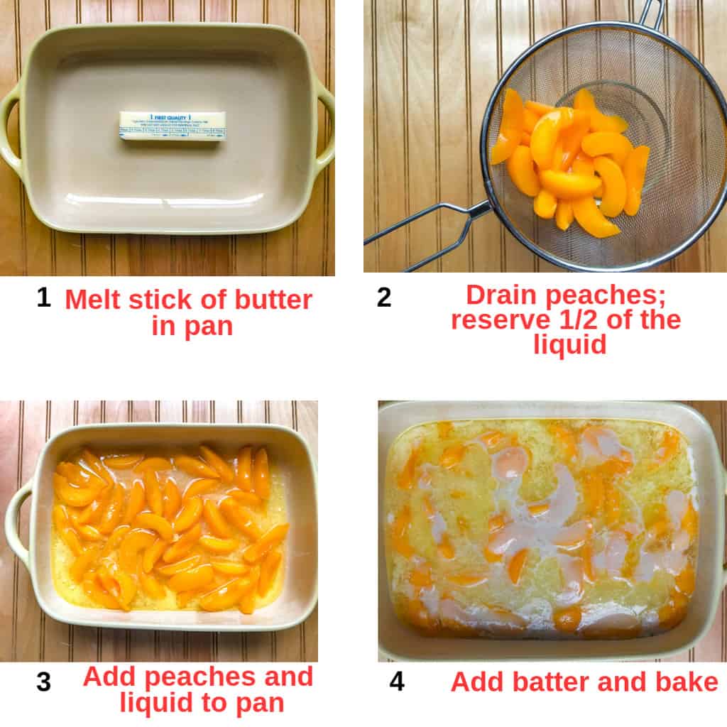 Four process shots of how to make peach cobbler