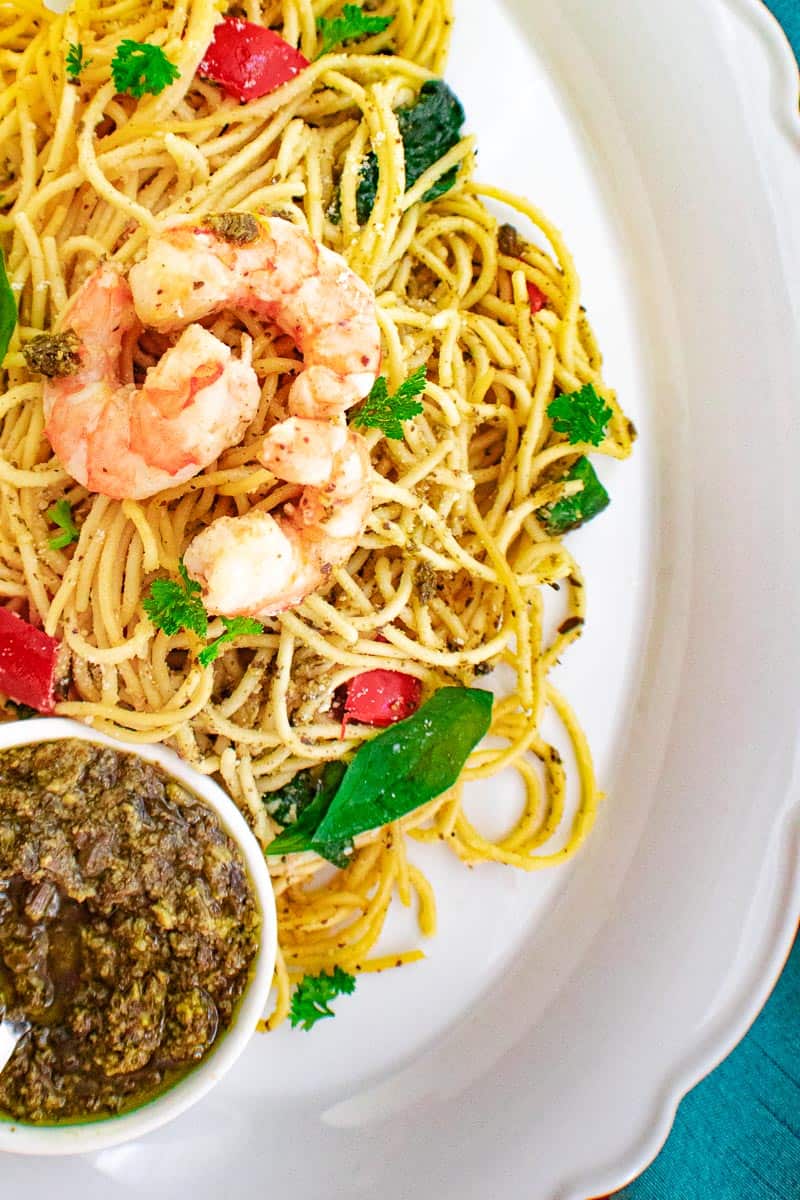 shrimp pasta with a side of pesto