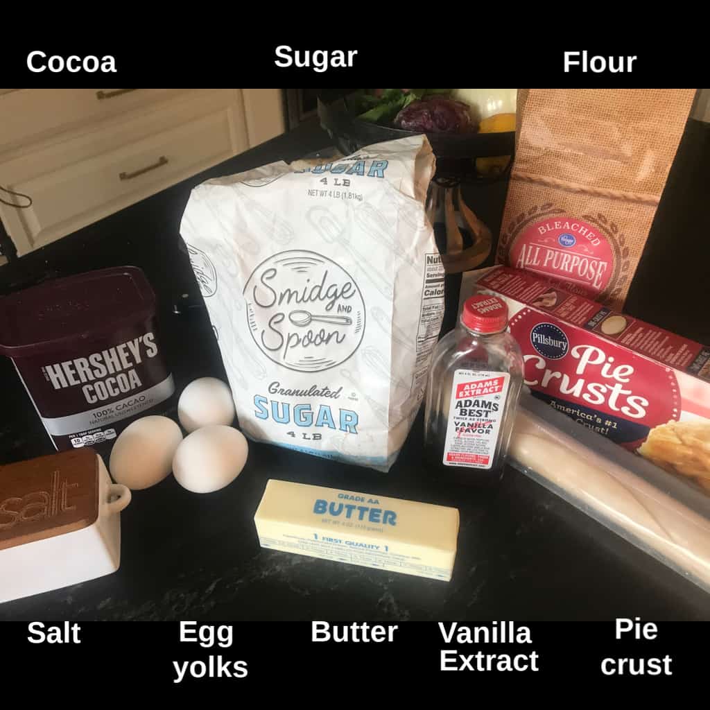 Chocolate pie ingredients on countertop labeled