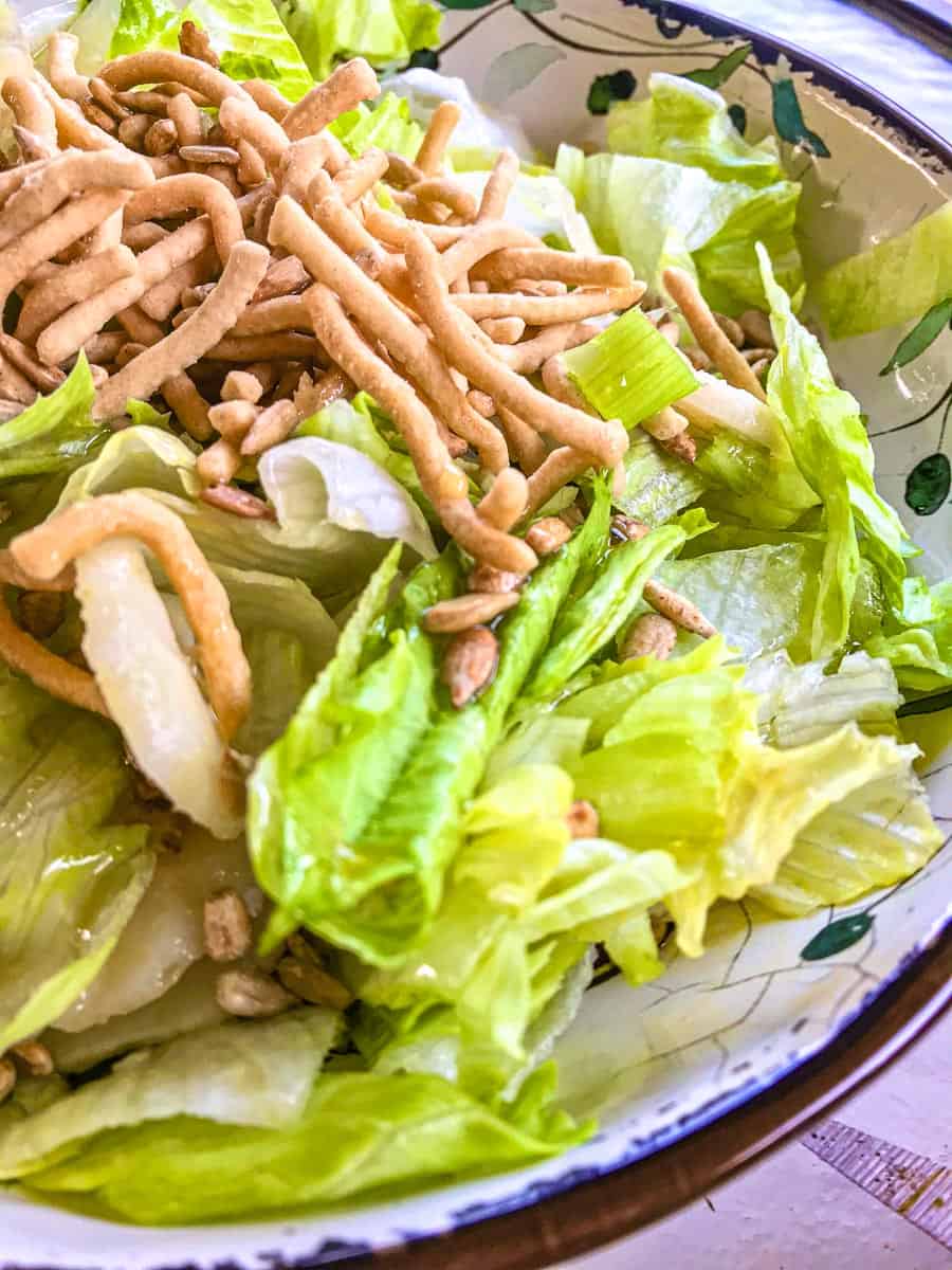 Crunchy Asian Salad topped with chow mein noodles and water chestnuts