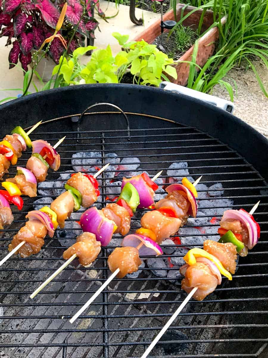 Chicken and vegetable kabobs on grill