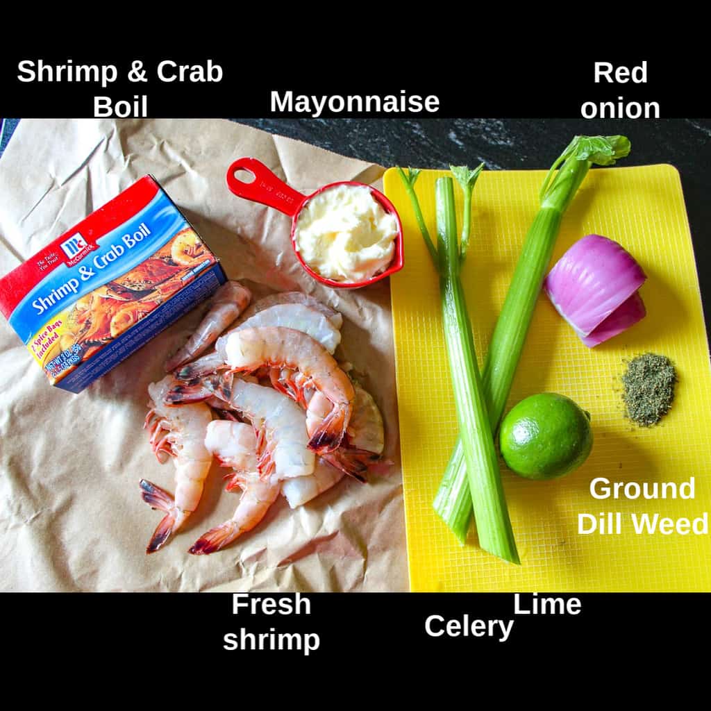 Shrimp Salad ingredients labeled on countertop