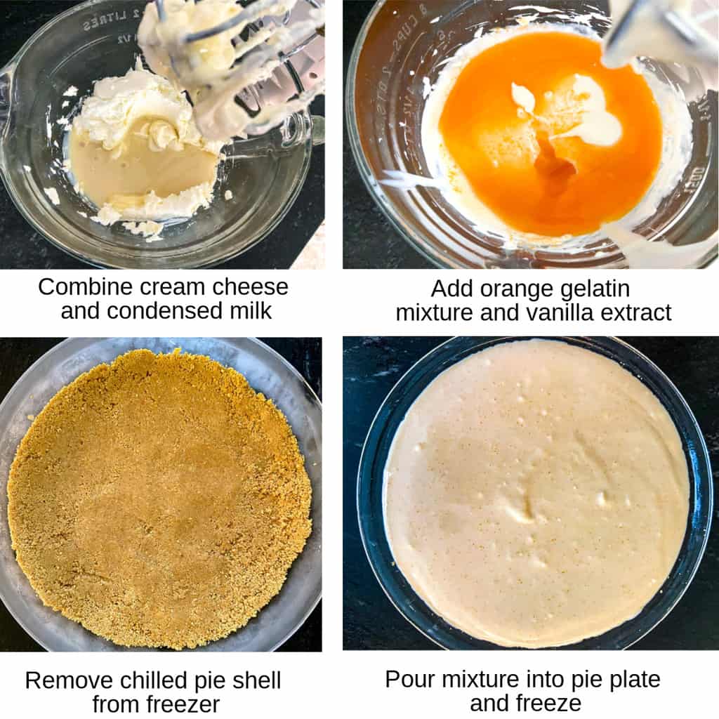Four process shots of how to make creamsicle icebox pie
