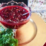 Cranberry sauce in footed crystal bowl