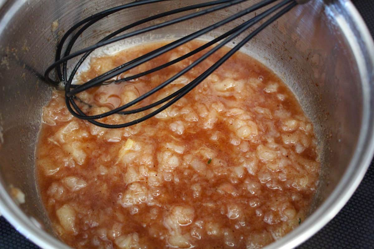 Pear compote in saucepan after it's cooked down