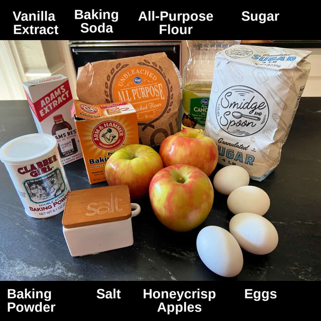 Fresh Apple Cake ingredients labeled on counter