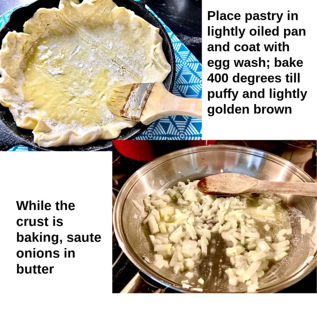 Collage images of puff pastry in pan and onions sauteing