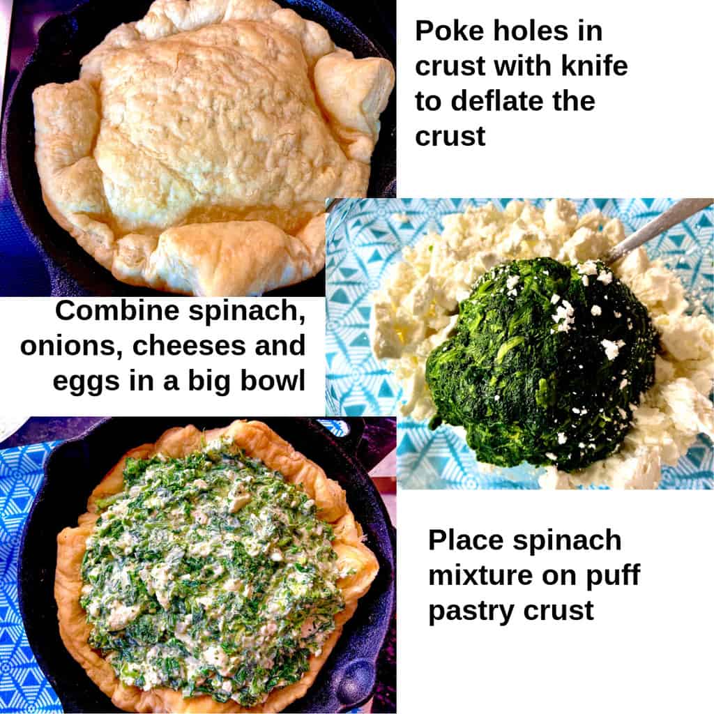 Collage showing how to make the spinach mixture 