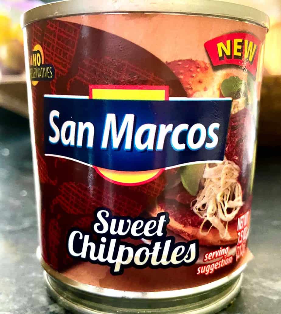 Can of San Marcos brand Sweet Chipotles on counter.