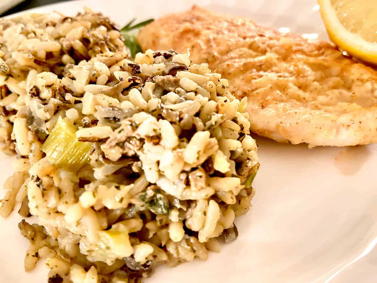 Wild Rice dressing on a white plate.