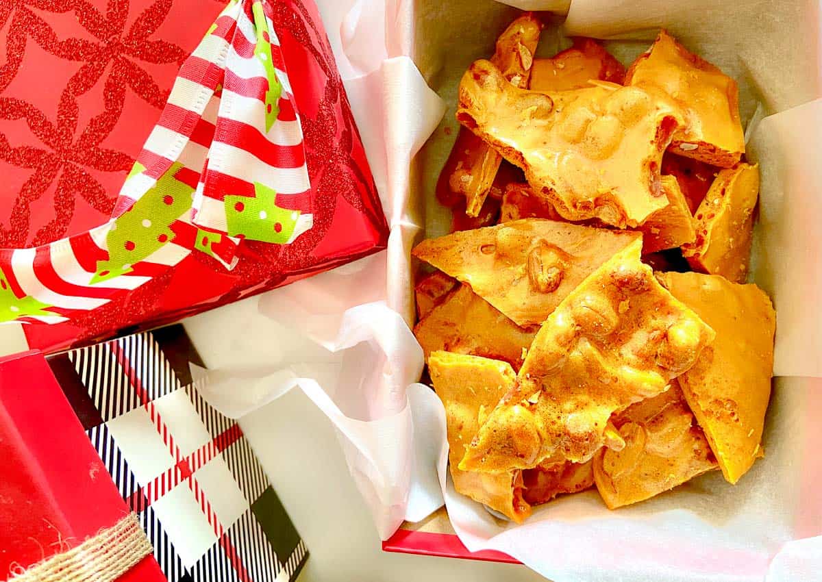 Peanut Brittle in a Christmas box.