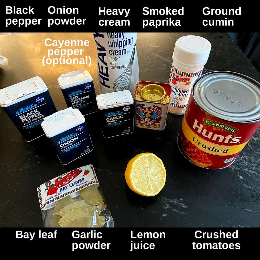 Ingredients labeled on countertop.