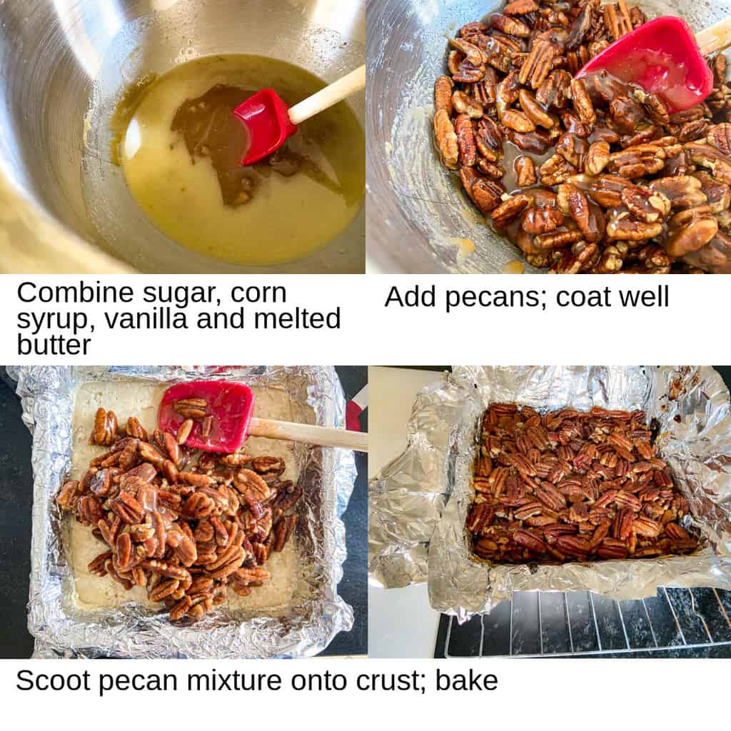 Steps showing how to make the pecan bar topping