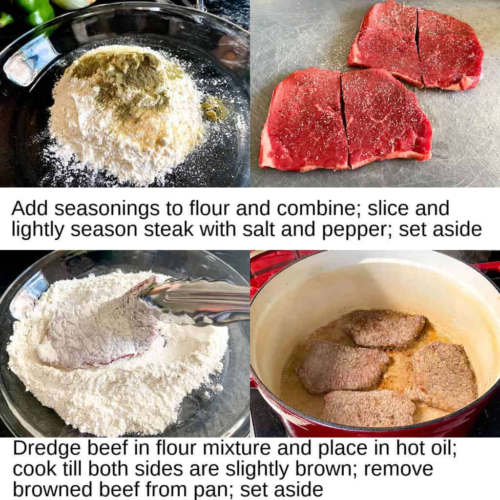 Steps showing how to prep and brown the steak.