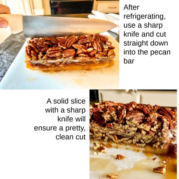 Steps showing how to slice pecan bars