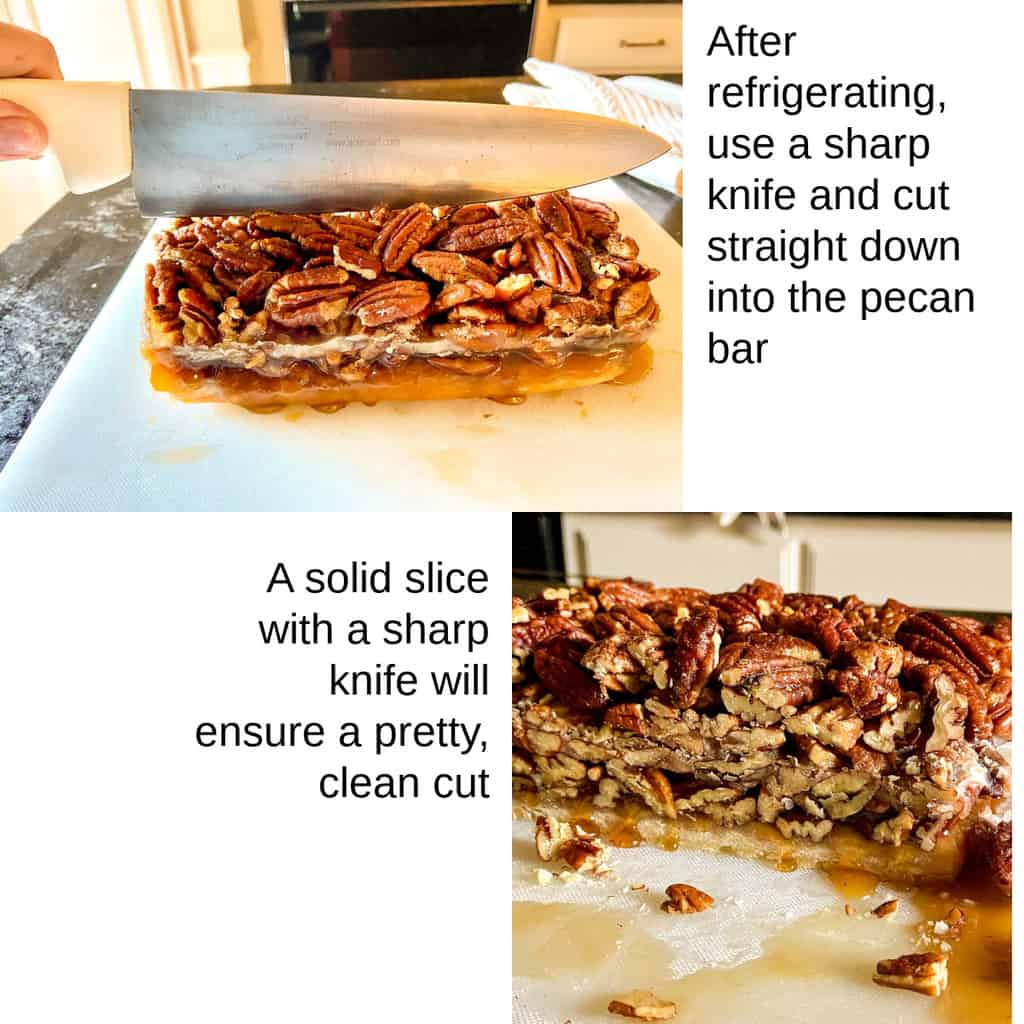 Steps showing how to slice pecan bars