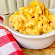 Macaroni and cheese in white bowl